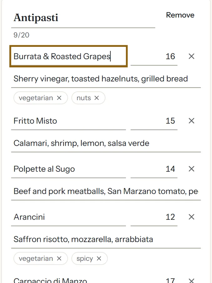 Three review rows with dish names, prices and tags; the first name field is focused